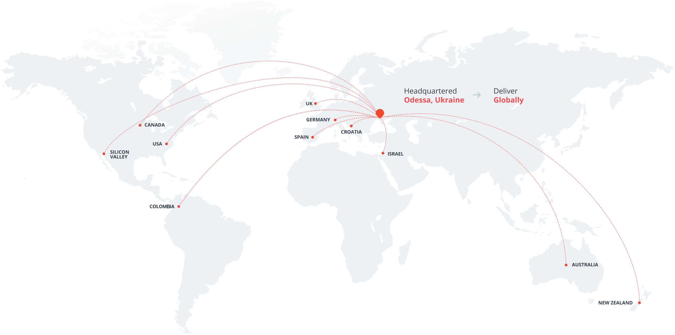 Headquartered in Odessa, Ukraine, delivering globally — client connections to Canada, the USA, Silicon Valley, Colombia, the UK, Germany, Spain, Croatia, Israel, Australia and New Zealand.